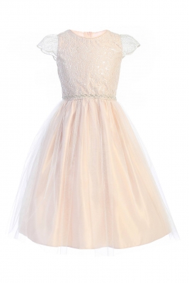 Blush Cap Sleeve Dress with Lace and Crystal Tulle