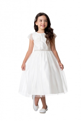 Off White Cap Sleeve Dress with Lace and Crystal Tulle