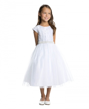 White Sequin and Cord Embroidered Lace Dress with Rhinestone Waist