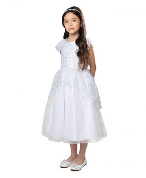 White Cap Sleeve Dress with Sequin Embroidered Floral Lace Peplum