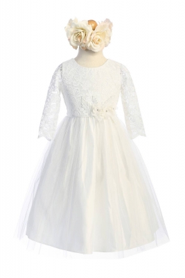 Off White Floral Lace Dress with Satin and Crystal Tulle