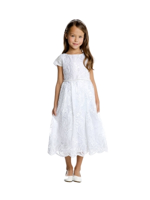 White Cap Sleeved Floral Lace Dress with Sequin Detail