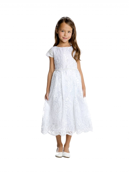 White Cap Sleeved Floral Lace Dress with Sequin Detail