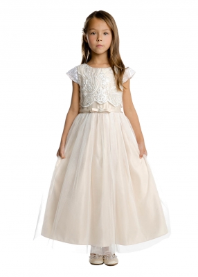 Champagne Cap Sleeve Satin and Tulle Dress with Sequin Lace Bodice