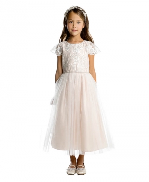 Blush Cap Sleeve Satin and Crystal Tulle Dress with Sequin Lace