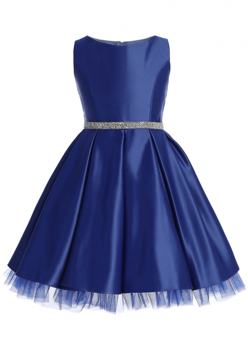 SK_954RY - Royal Blue Satin Pleated Dress with Peek a Boo Tulle - New Items  - Flower Girl Dresses - Flower Girl Dress For Less