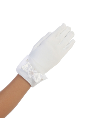 Matte Satin Glove with Organza Cuff and Pearl Bow Accent