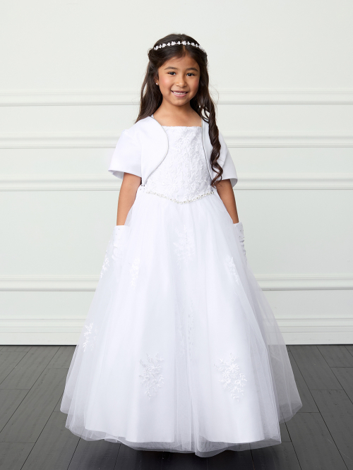 ankle length wedding dress with sleeves A Venetian Lace Illusion First Communion Gown