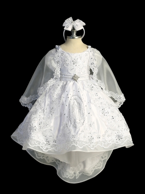 Girls Baptism High Low Dress with Lace and Maria on Skirt - 2404