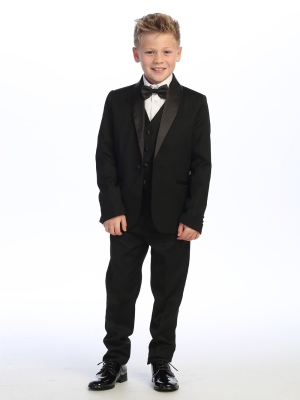 Boys 5 Piece Black Satin Shawl Collar Slim Fit Tuxedo