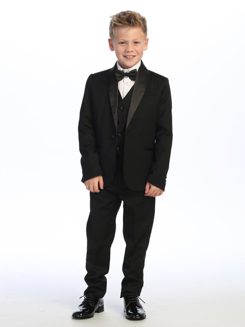 Boys 5 Piece Black Satin Shawl Collar Slim Fit Tuxedo