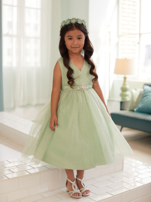 Girls Dress Style 5698 - SAGE Sparkly Tulle Dress with Matching Rhinestone Sash