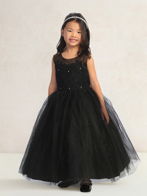 Black Illusion Neckline Dress with Lace Applique Bodice and Skirt