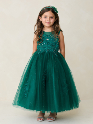Emerald Illusion Neckline Dress with Lace Applique Bodice and Skirt