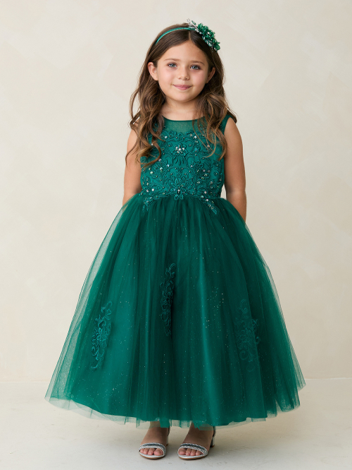 Emerald Illusion Neckline Dress with Lace Applique Bodice and Skirt