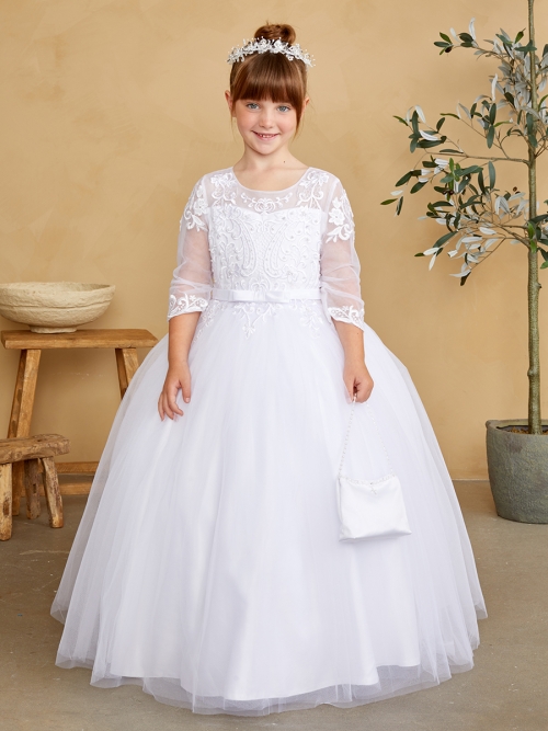 TT_5830WH - Long Sleeve Dress with Lace Illusion Bodice in Choice of Color  - Long Sleeve Dresses - Flower Girl Dresses - Flower Girl Dress For Less