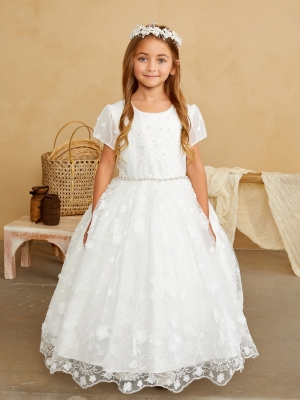 Ivory Short Sleeve 3D Floral Overlay Dress with Rhinestone Sash