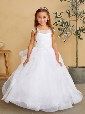 White Lace and Glitter Tulle Layered Horse Hair Trim Dress