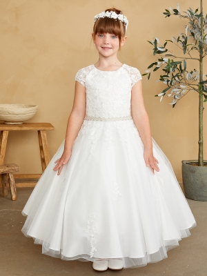 Ivory Lace Cap Sleeve Dress with Sparkling Rhinestone Waist