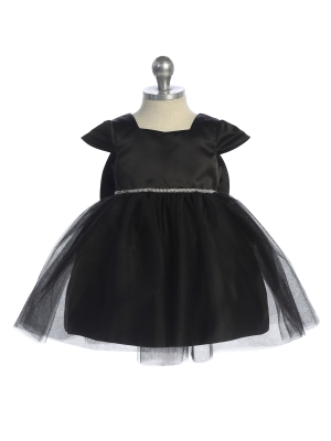 Black Satin and Tulle Dress with Square Neckline and Cap Sleeves