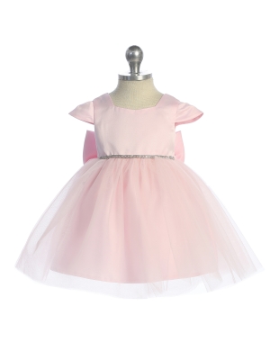 Pink Satin and Tulle Dress with Square Neckline and Cap Sleeves