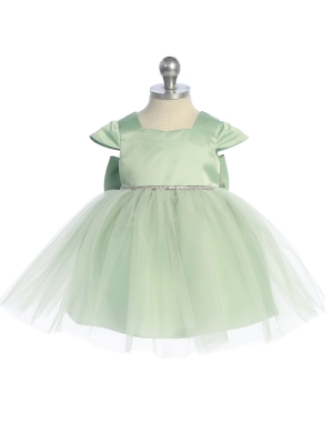 Sage Satin and Tulle Dress with Square Neckline and Cap Sleeves