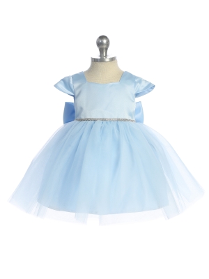 Sky Blue Satin and Tulle Dress with Square Neckline and Cap Sleeves