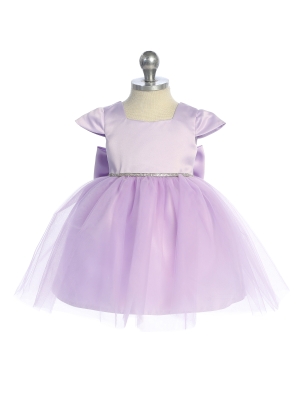 Lilac Satin and Tulle Dress with Square Neckline and Cap Sleeves