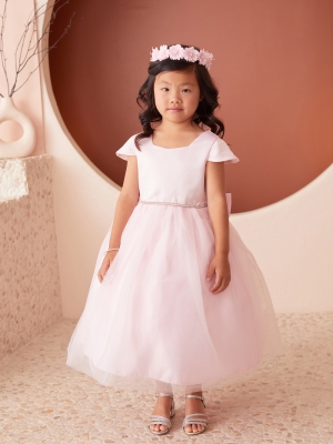 Pink Satin and Tulle Dress with Square Neckline and Cap Sleeves