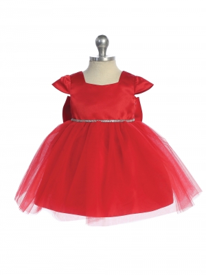Red Satin and Tulle Dress with Square Neckline and Cap Sleeves