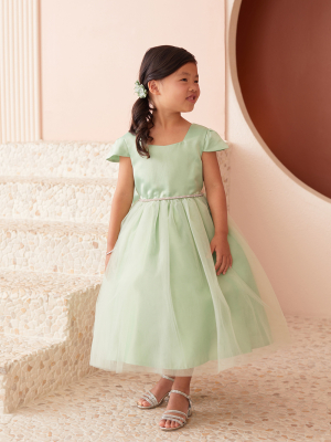 Sage Satin and Tulle Dress with Square Neckline and Cap Sleeves