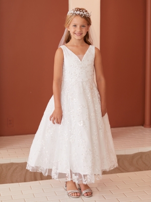 White Floral Embroidered Sequin Dress with V Back