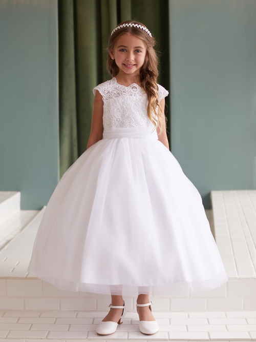TT_5856WH - White Lace Bodice Dress with V Back - All First Communion Dresses - Flower Girl Dresses - Flower Girl Dress For Less TT_5856WH - White Lace Bodice Dress with V Back - All First Communion Dresses - Flower Girl Dresses - Flower Girl Dress For Less
