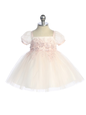 Baby Dress - Blush Puff Sleeve Dress with Floral Embroidered Bodice