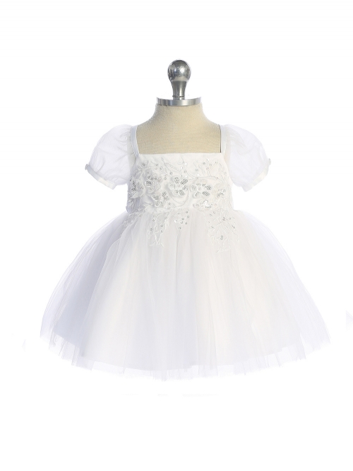 White Puff Sleeve Dress with Floral Embroidered Bodice