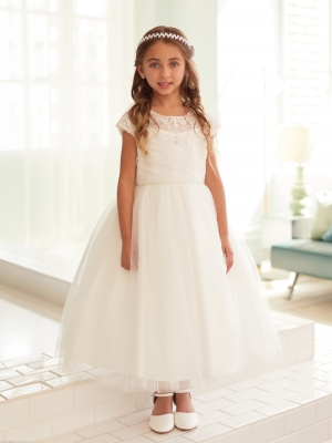 Ivory Illusion Neckline Ruched Bodice Dress