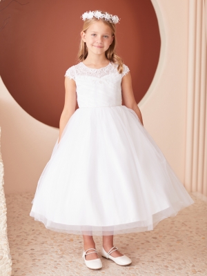 White Illusion Neckline Ruched Bodice Dress