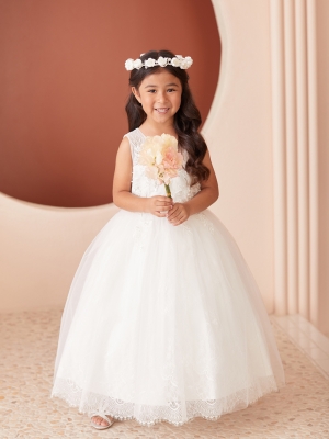 Ivory Sleeveless Dress with Floral Bodice and Scalloped Lace Hem