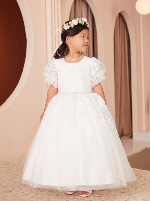 Ivory Puff Sleeve Dress with Floral Lace Details and Key Hole Back
