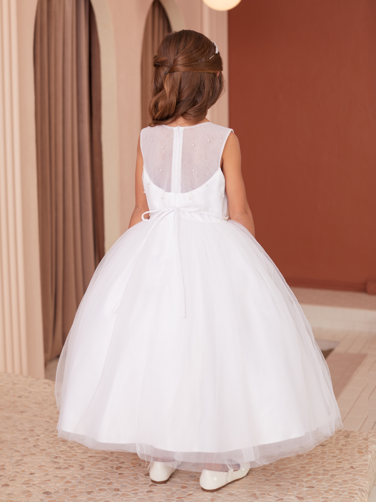 TT_5863WH - White Sleeveless Dress with Mesh Back and Pearl TT_5863WH - White Sleeveless Dress with Mesh Back and Pearl