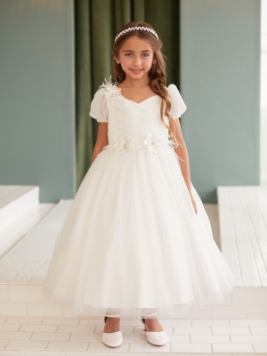 Ivory Puff Sleeve Dress with 3D Flowers and Feathers on Waist
