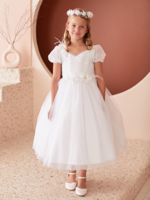 White Puff Sleeve Dress with 3D Flowers and Feathers on Waist