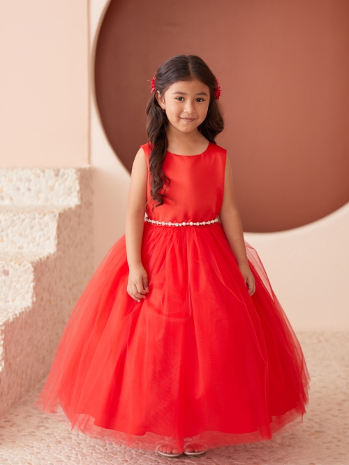 TT_5872_RD Red Dress with Satin Bodice and Tulle Skirt New