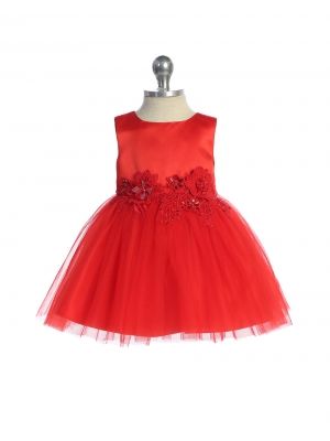 Baby Dress - Red Satin and Tulle Dress with Floral Applique