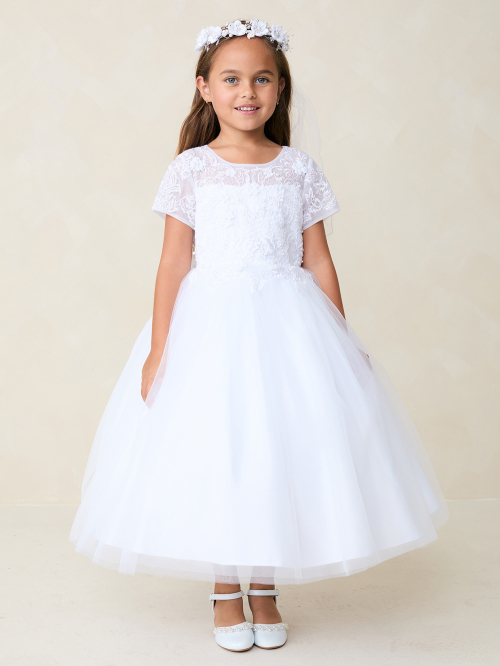 TT_5883WH - White Short Sleeve Dress with Keyhole Back - Beaded and Sequined  Dresses - Flower Girl Dresses - Flower Girl Dress For Less