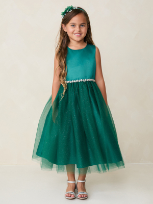 Emerald Satin and Glitter Tulle Dress