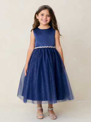 Navy Blue Satin and Glitter Tulle Dress