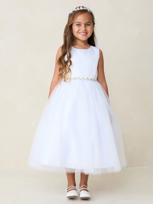 TT_5888WH White Satin and Glitter Tulle Dress Tip Top Kids