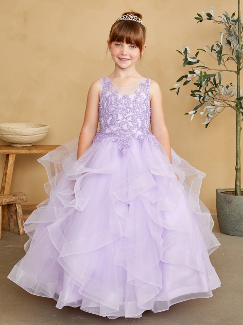 TT 7018LL Girls Dress Style 7018 Lilac Illusion Neckline with Horsehair Trim Skirt Birthday Outfits Flower Girl Dresses Flower Girl Dress For Less