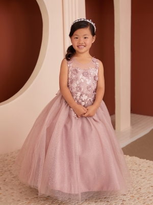 Dusty Rose Illusion Neckline Dress with 3D Floral Details